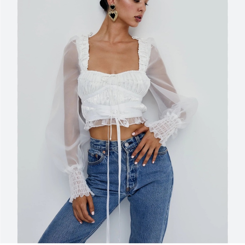 For Love And Lemons White Ruffle Sheer Blouse